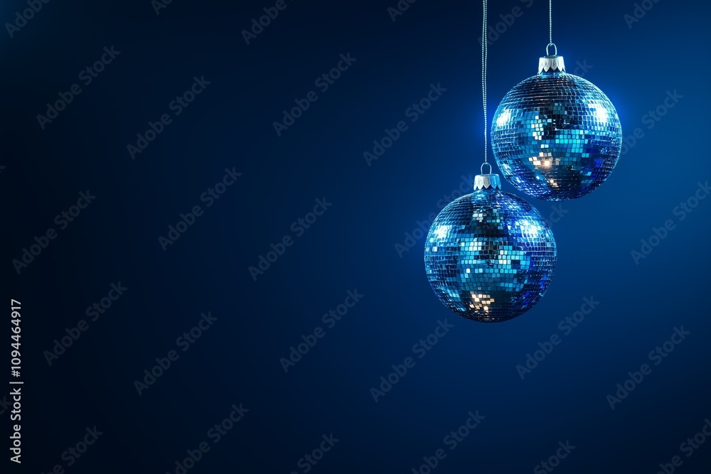 hanging discoball dark blue future dusk baubles on a dark blue background, representing the party. Web banner with copy space on the right. hanging discoball dark blue future dusk baubles on a dark blue background, representing the party. Web banner with copy space on the right.