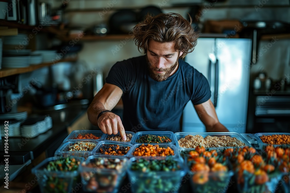 Young man preparing healthy meal prep boxes in a cozy kitchen setting Young man preparing healthy meal prep boxes in a cozy kitchen setting