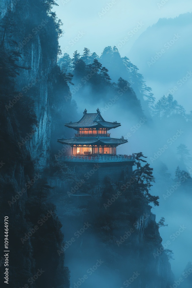 Obraz premium Misty mountain temple glows, serene beauty.
