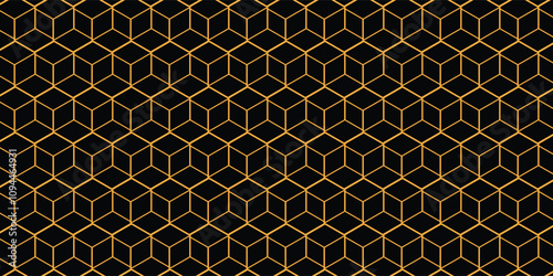 Black graphite background with golden light lines. Geometric texture illustration. Grid pattern. Pure black banner wallpaper. Elegant carbon background.