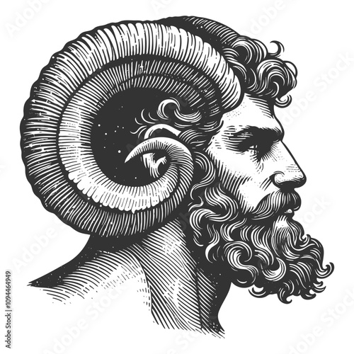 man with flowing hair, a thick beard, and majestic ram horns, embodying mythological symbolism sketch engraving generative ai vector illustration. Scratch board imitation. Black and white image.