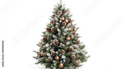 Frosted Christmas tree with pine cones and gold ornaments, evoking warmth and festive cheer