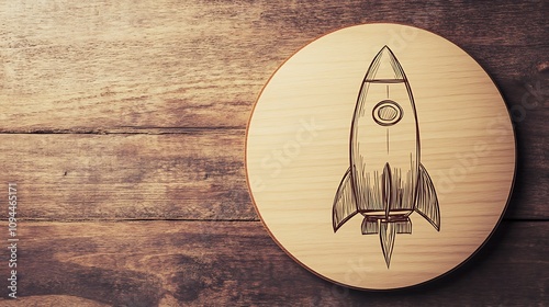 Hand-Drawn Rocket Illustration on Wooden Background: A Startup Concept. AI Generated