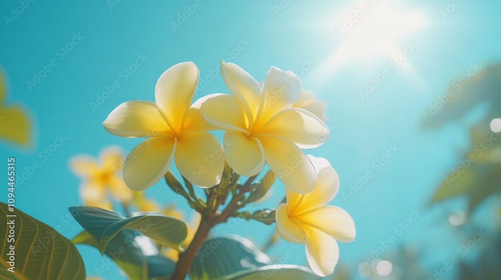 Close-up of three vibrant yellow plumeria flowers basking in bright sunlight against a clear blue sky.