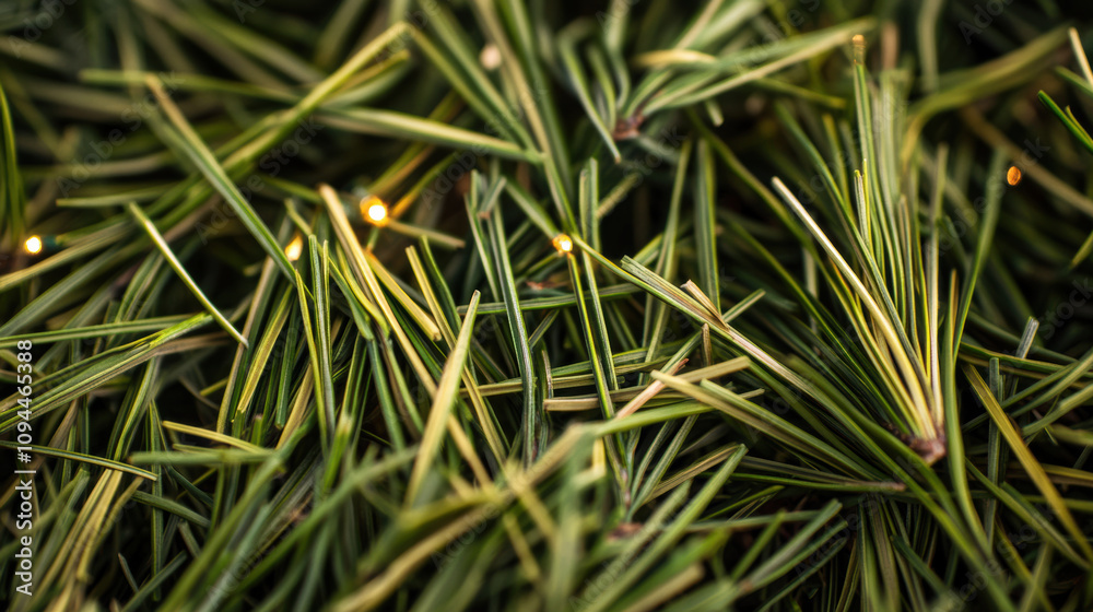 Close up of lush green pine needles, illuminated by warm fairy lights evokes feelings of Christmas cheer and winter warmth Close up of lush green pine needles, illuminated by warm fairy lights evokes feelings of Christmas cheer and winter warmth