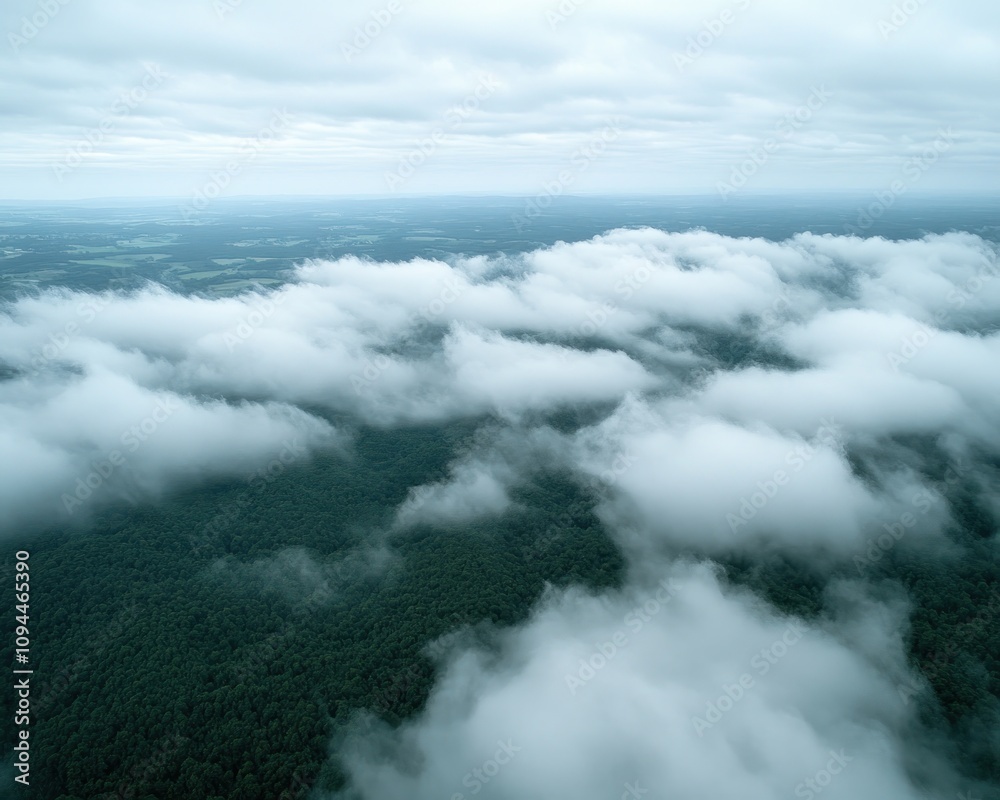 Obraz premium Aerial view of remote mountains shrouded in clouds, a breathtaking landscape of misty peaks and valleys hidden within a sea of clouds The majestic mountains pierce the clouds, creating a dramatic