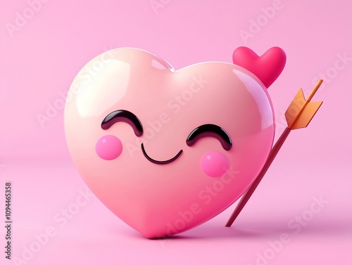 Un cuore rosa, con un'espressione sorridente e occhi grandi e simpatici. Il cuore ha delle guance rosee e ciglia pronunciate. Una freccia di Cupido lo attraversa da parte  photo