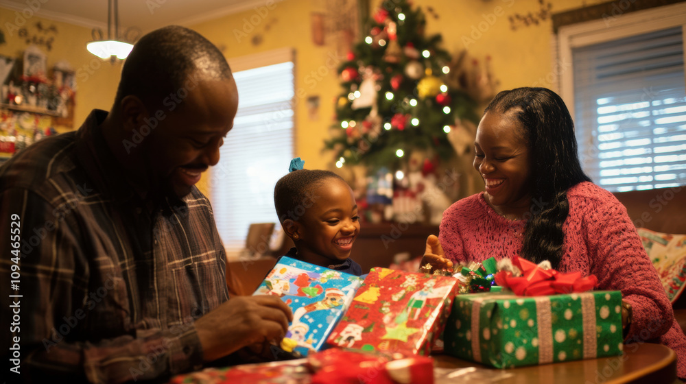 Joyful family opening Christmas gifts warm home Joyful family opening Christmas gifts warm home