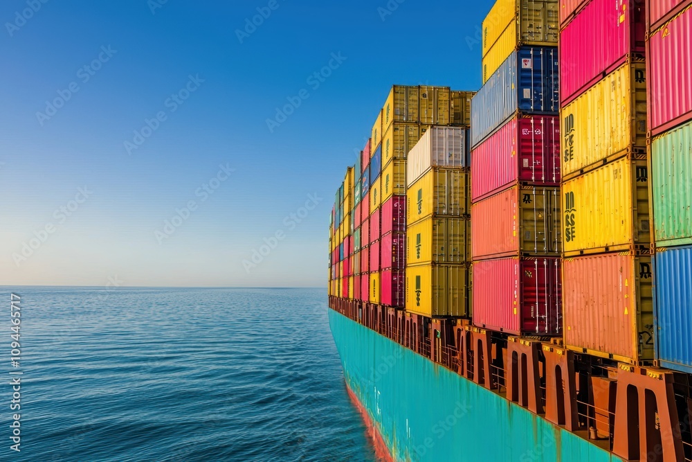 Fototapeta premium Cargo Ship with Colorful Containers on Calm Sea for Maritime and Trade Themes