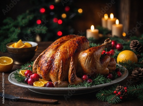 Warm sliced turkey on a joyful holiday table photo