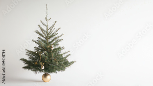 Serene minimalist Christmas tree, single ornament, gold base. Evokes peace and simplicity
