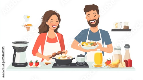 a 2D cartoon illustration of a couple preparing breakfast together, happy and loving, white background--ar 16:9