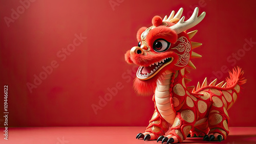 A red dragon with a beard is standing on a red background