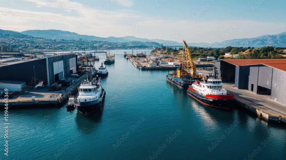 Fototapeta premium Aerial View of Busy Harbor with Tugboats and Industrial Structures Surrounded by Mountains Under Clear Blue Sky in Daylight, Perfect for Maritime and Industrial Themes