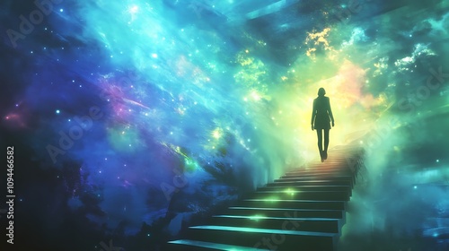 A solitary figure ascends a stairway into a vibrant, cosmic nebula.. AI Generated