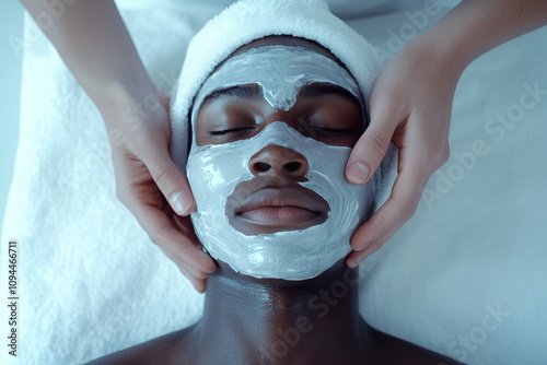 Relaxing facial treatment for african adult male with face mask and towel photo