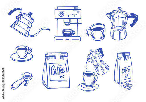 Artistic sketches showcasing various coffee equipment and accessories for brewing excellence