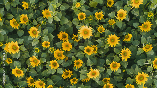 field of a unripe sunflowers perpendicular view from drone. creative banner. copyspace image with white shades, photo, png