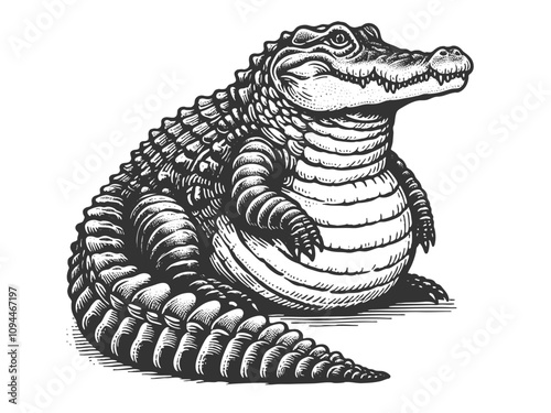 Fat plump alligator sitting upright, showcasing detailed scales and a playful expression sketch engraving generative ai vector illustration. Scratch board imitation. Black and white image.