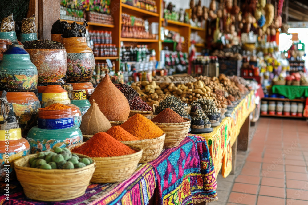 Fototapeta premium Spice Market Display with Colorful Baskets