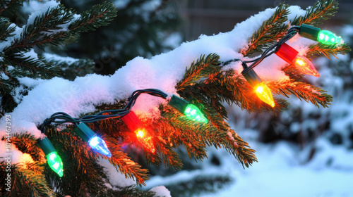 Joyful Christmas lights twinkling on snow covered evergreen branch. festive winter scene