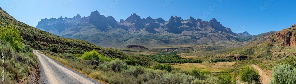 Naklejka premium Majestic High-altitude Peaks Rising Over Rugged Cliffs A Breathtaking Panorama of Serene Mountain Majesty, showcasing towering peaks against a vibrant blue sky Discover the awe-inspiring beauty of