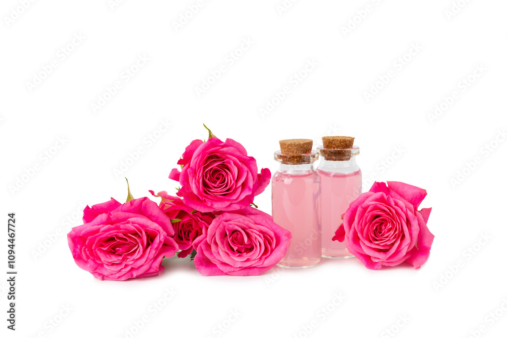 Rose essential oil isolated on white background.Roses and a bottle of rose perfumed water. Aromatherapy treatment. Beauty concept. Spa procedure.Natural organic oil.Anti-stress and detox relax. Rose essential oil isolated on white background.Roses and a bottle of rose perfumed water. Aromatherapy treatment. Beauty concept. Spa procedure.Natural organic oil.Anti-stress and detox relax.