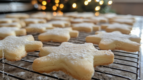 Delicious star shaped Christmas cookies, cooling on wire rack, evoke feelings of warmth and holiday cheer