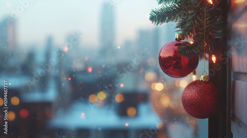 Joyful Christmas spirit festive red ornaments hanging on window city lights bokeh