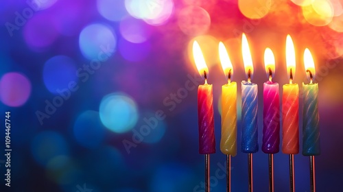 A colorful menorah with multicolored candles glowing brightly, the blurred background featuring vibrant rainbow hues blending softly with light sparkles, playful and vibrant lighting, a joyful