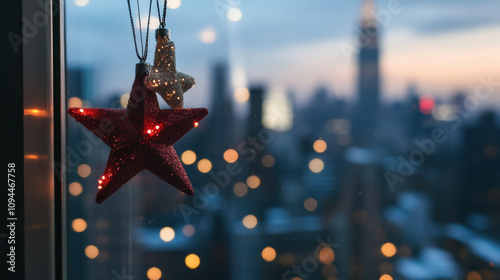 Festive red star and ornament hanging in window, city lights background. Warm, cozy Christmas feeling