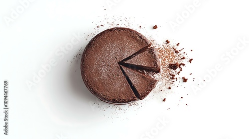 top view of a cake of a chocolate cake with 1 slice being cut out, shot on Canon 5D III with 85mm L series lens, against white background photo