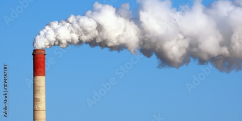 A tall smokestack emits white smoke against a clear blue sky, highlighting industrial activity and environmental concerns.