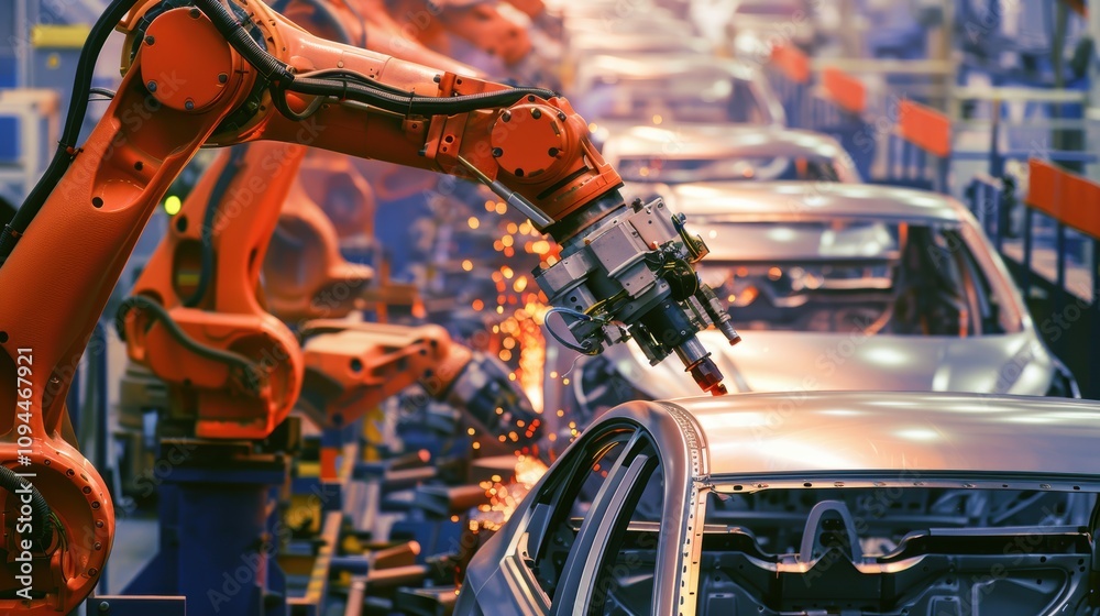 Robotic Arms Installing Audio Systems in Modern Car Factory Assembly Line Robotic Arms Installing Audio Systems in Modern Car Factory Assembly Line