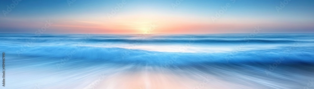 Obraz premium Serene sunrise casting light on a tranquil horizon, a breathtaking view of the ocean at dawn Peaceful waves gently caress the shore, creating a scene of ultimate serenity The soft hues of the sunrise