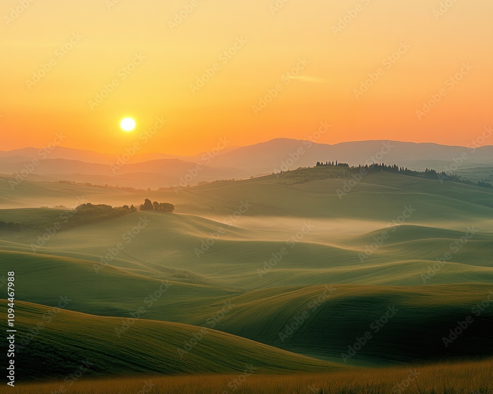 Obraz premium Serene Sunrise over Pastoral Fields Golden Hour Glow Illuminates Rolling Hills, Misty Meadows, and Verdant Landscapes Capture the tranquil beauty of a pastoral sunrise, where soft morning light