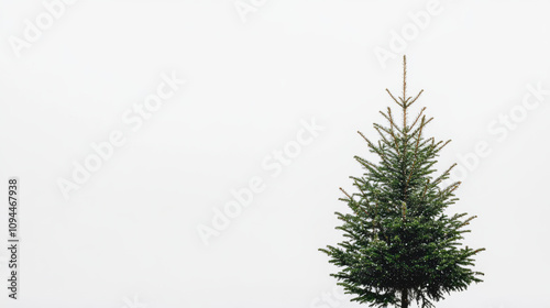 Simple green Christmas tree against stark white background, conveying serenity and peace