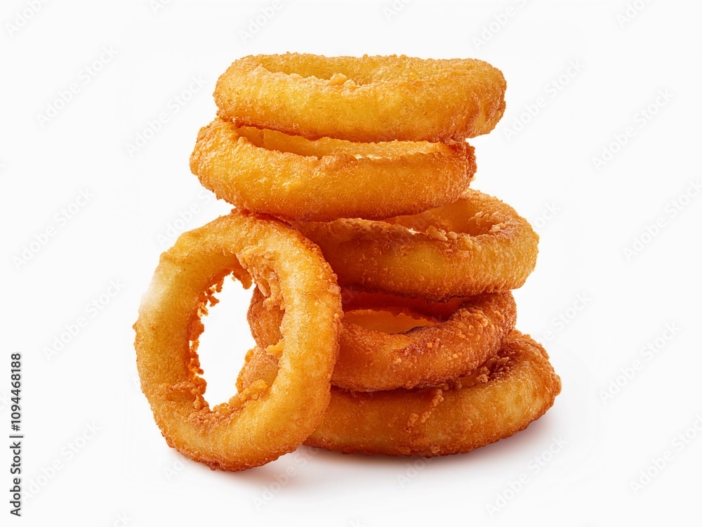 Fried onions rings on fried calamari isolated on white background with clipping path Fried onions rings on fried calamari isolated on white background with clipping path