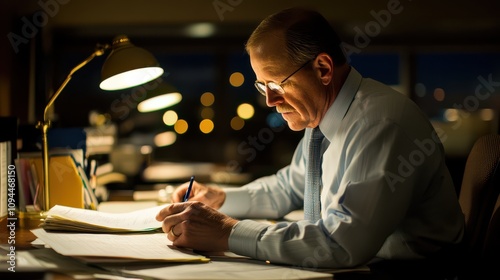 A focused businessman in a dimly lit office, diligently reviewing documents and making notes, highlighting a productive late-night work environment in modern corporate settings.