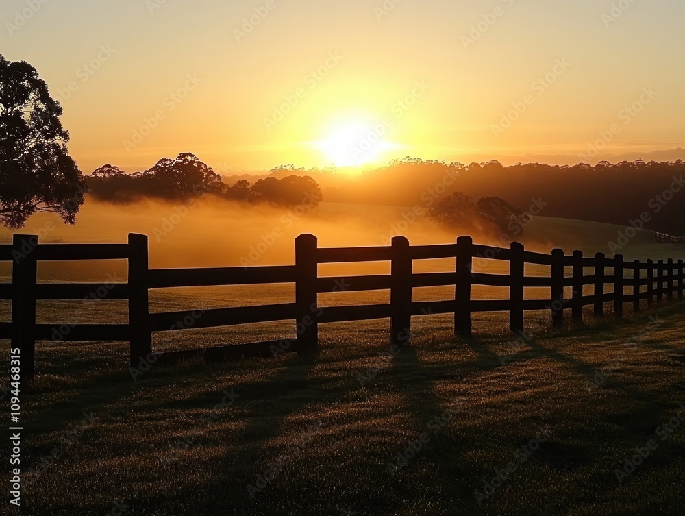 Obraz premium Sunrise Serenity A Peaceful Pastoral Scene of Golden Hour Light Illuminating a Misty Field, Encapsulating the Tranquil Beauty of Rural Life The Rising Sun casts Long Shadows Across a Wooden Fence