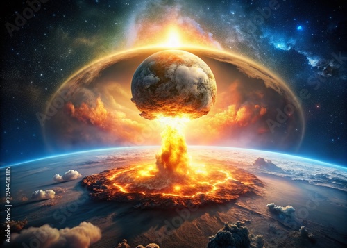 3D Illustration of a Nuclear Explosion Over Planet Earth Representing World War and the End of Civilization with High Depth of Field and Dramatic Effects #1094468385