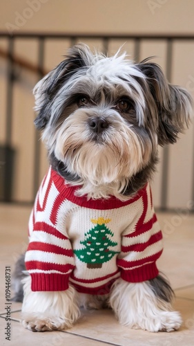 Lhasa Apso Hund mit Weihnachts Pullover photo