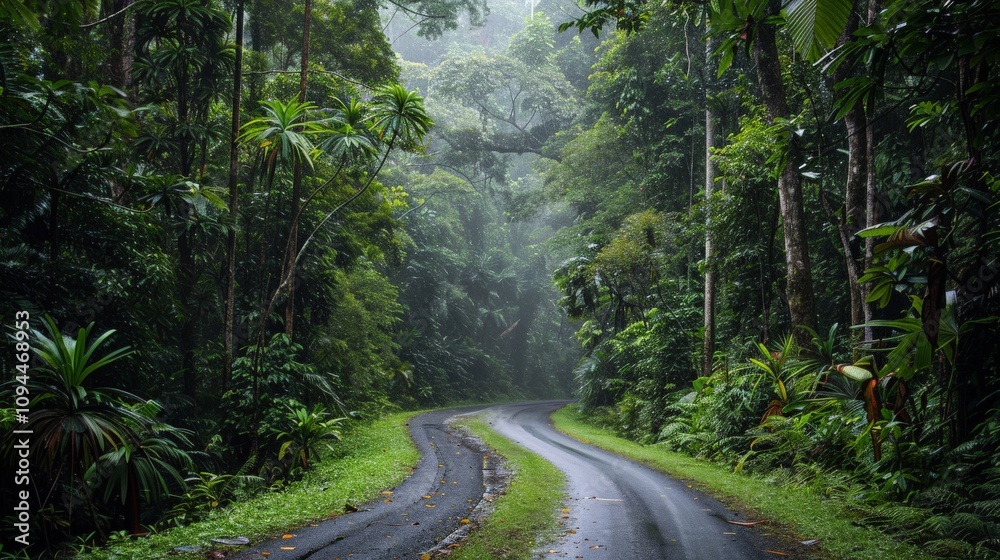 Fototapeta premium Rainforest road enveloped by dense trees and exotic flora