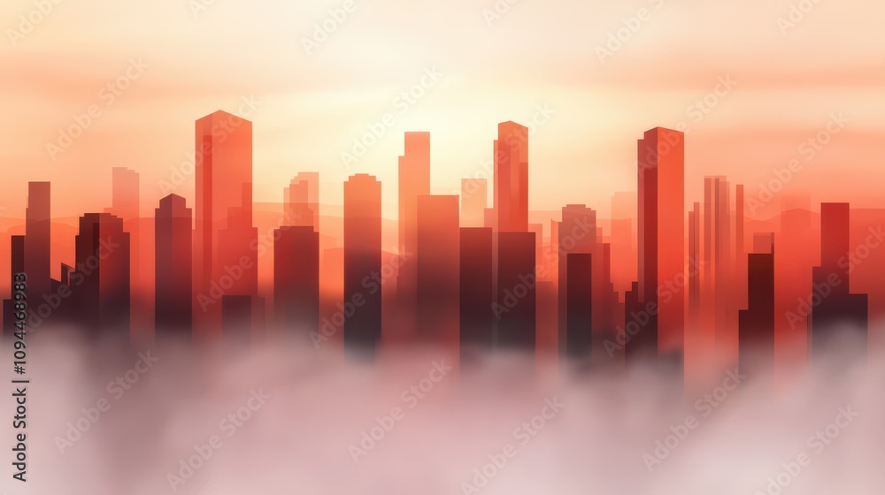 Fototapeta premium A stunning skyline silhouettes against a vibrant sunset, with hues of orange and red blending into the misty horizon, creating a serene urban atmosphere.