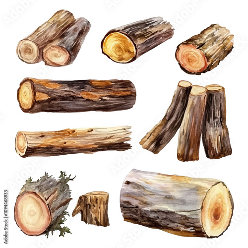 Set of watercolor logs on a white background.