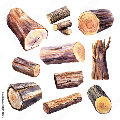 Set of watercolor logs on a white background.