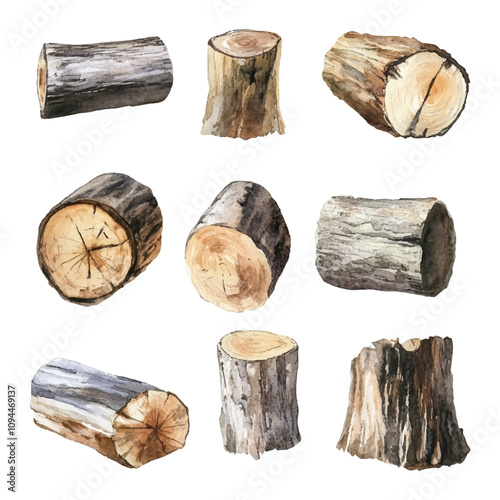 Set of watercolor logs on a white background.