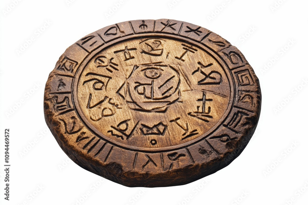 Circular wooden carving with ancient symbols. Circular wooden carving with ancient symbols.