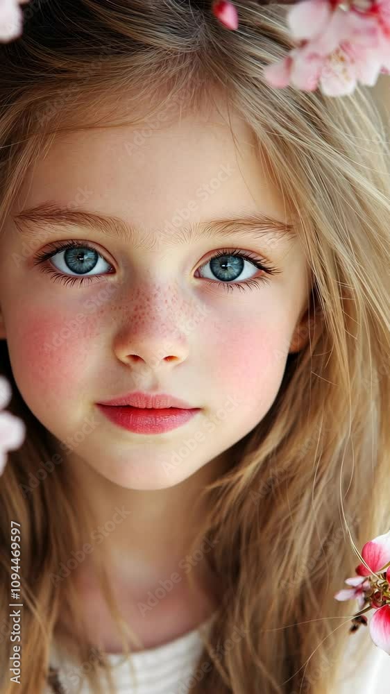 Captivating portrait of a girl with blue eyes surrounded by pink blossoms in a natural setting Captivating portrait of a girl with blue eyes surrounded by pink blossoms in a natural setting