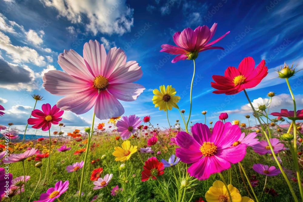 Vivid Cosmos Fields Under a Bright Blue Sky: A Summer Landscape of Colorful Wildflowers in Full Bloom Vivid Cosmos Fields Under a Bright Blue Sky: A Summer Landscape of Colorful Wildflowers in Full Bloom